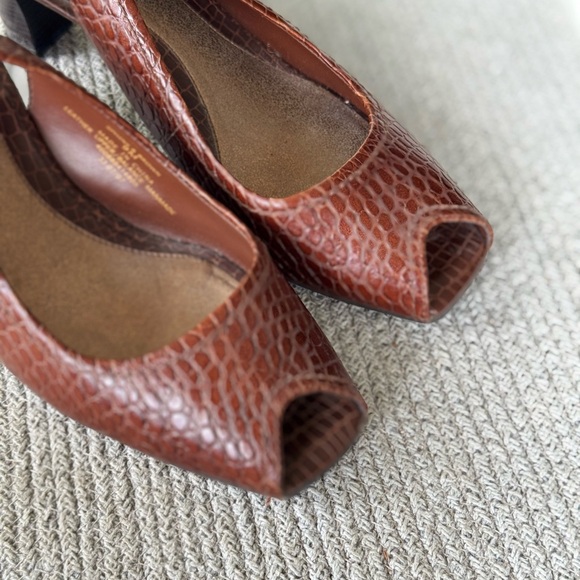 Vintage Axcess Liz Claiborne Brown Croc Leather Peeptoe Slingback Heels Size 9 - Picture 7 of 12